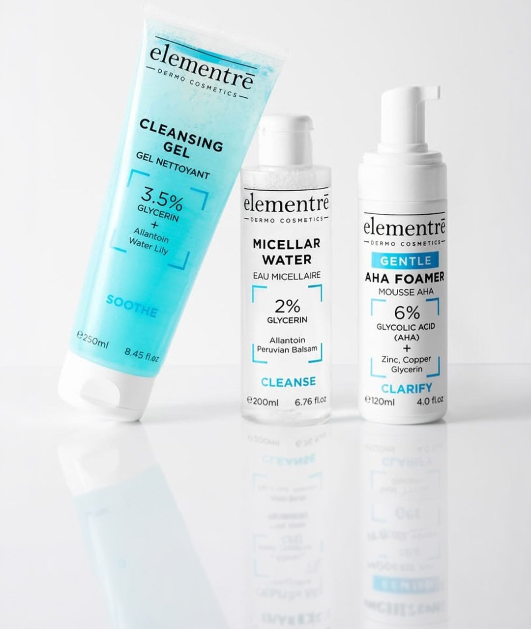 Elementre Cleansing Gel, Micellar Water ve Gentle AHA Foamer %6 cilt temizleme ürünleri